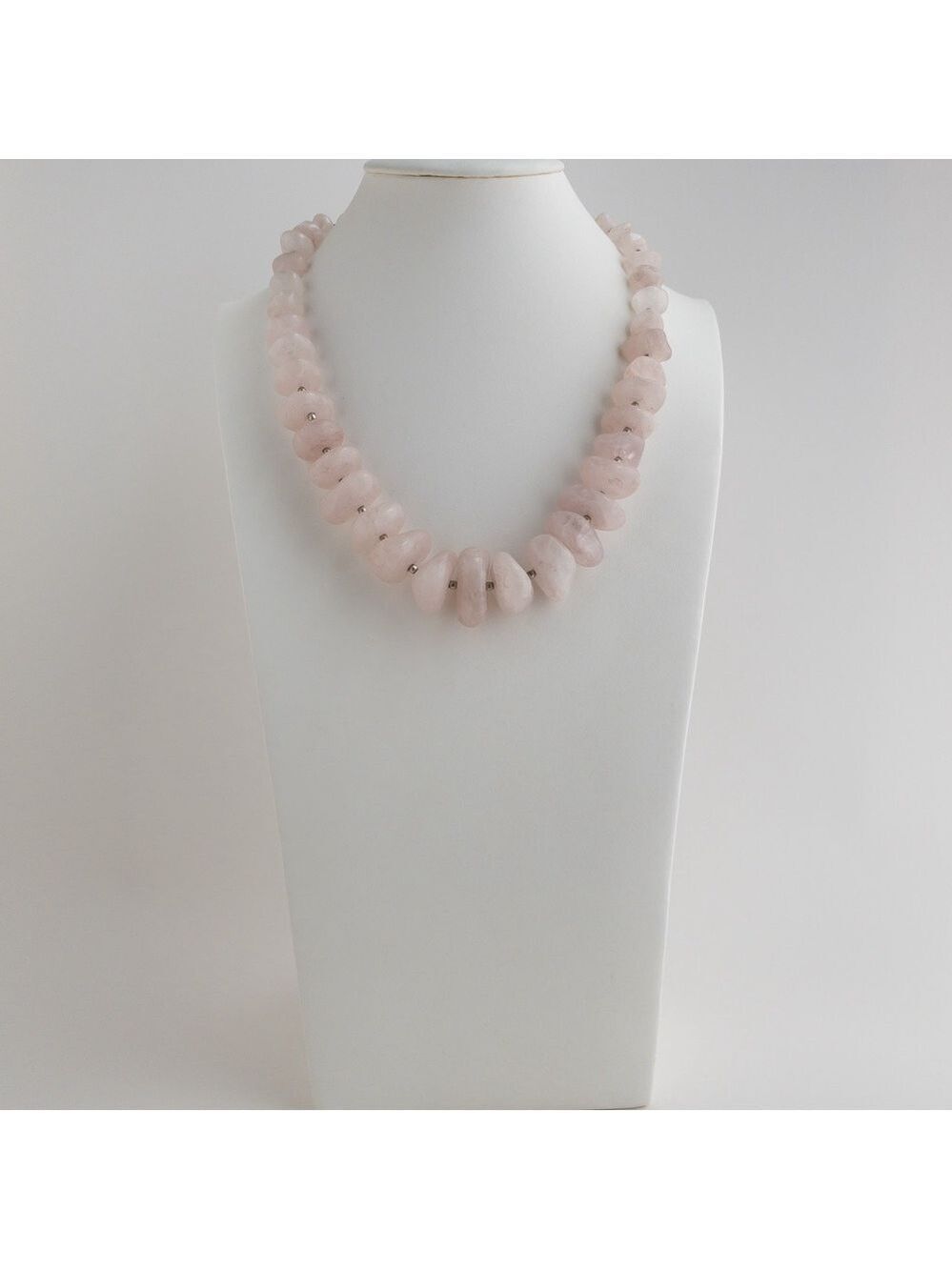 Chunky Natural Pink Rose Quartz Stone Beaded Necklace Silver Tone Statement 20"